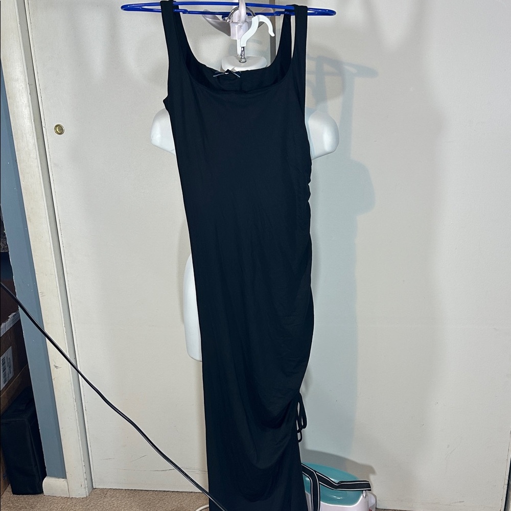 Small SHORE tank Dress Tunnel Tank Dress BLACK ruched side maxi NWT